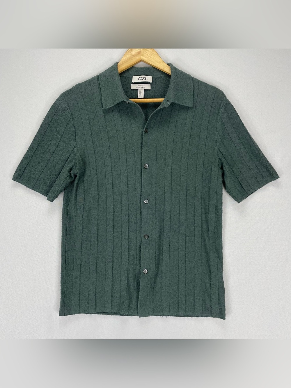 COS Textured Striped Knitted Shirt Men’s XS Relaxed Fit Green Short Sleeve